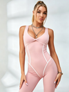 Pink Twist Front White Piping Full Length Jumpsuit