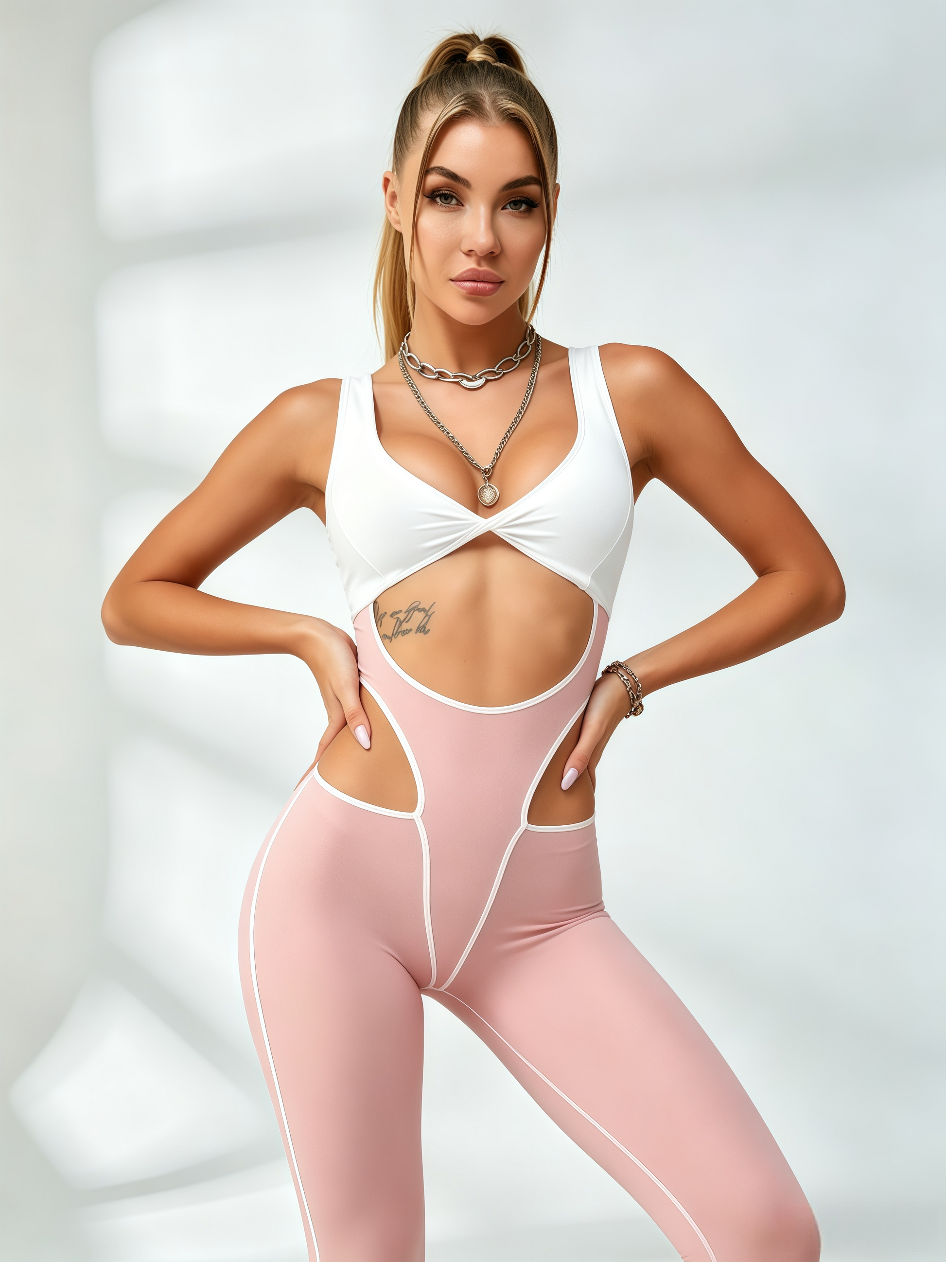 White Twist Top Pink Cutout Color Block Jumpsuit