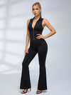 Sleeveless Zip Front Mesh Back Flared Jumpsuit