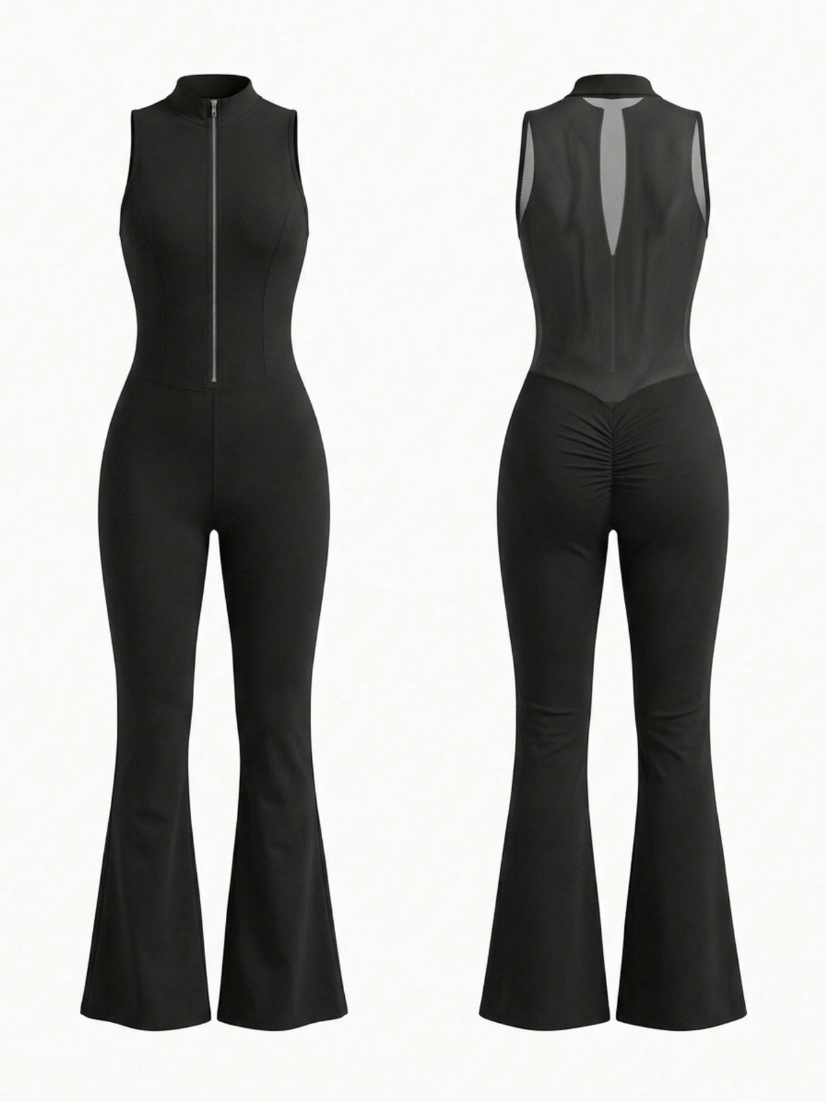 Sexy Sheer Mesh Back Deep V Back Scrunch Bum Zipper Jumpsuit