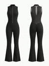 Sleeveless Zip Front Mesh Back Flared Jumpsuit