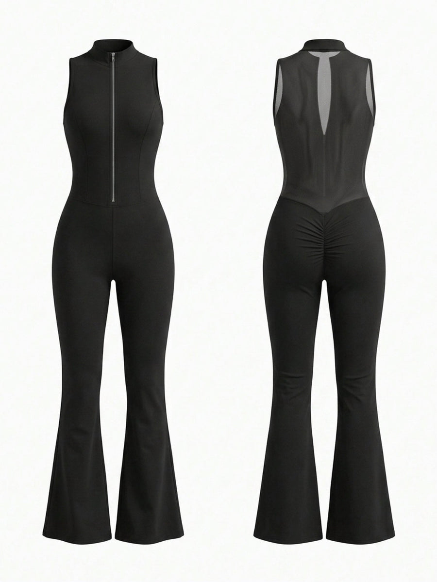 Sleeveless Zip Front Mesh Back Flared Jumpsuit