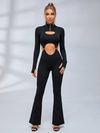 Half Zip Cutout Waist Long Sleeve Flared Jumpsuit