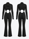 Half Zip Cutout Waist Long Sleeve Flared Jumpsuit