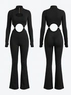 Half Zip Cutout Waist Long Sleeve Flared Jumpsuit