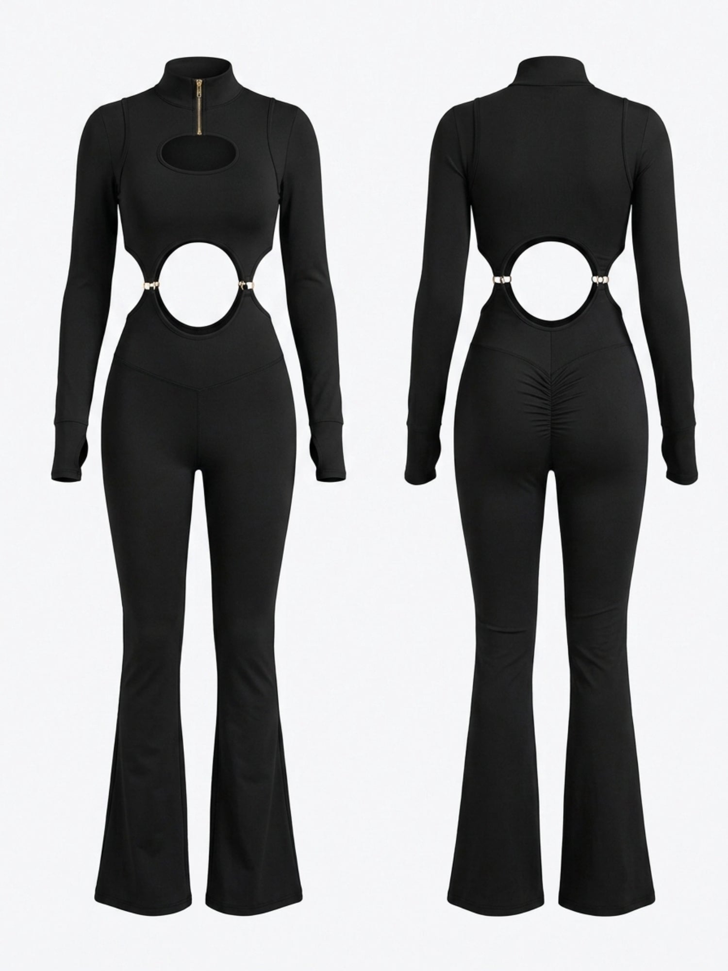 Half Zip Cutout Waist Long Sleeve Flared Jumpsuit