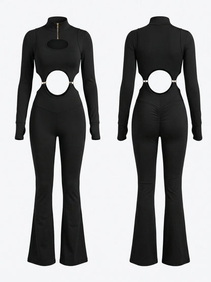 Half Zip Cutout Waist Long Sleeve Flared Jumpsuit