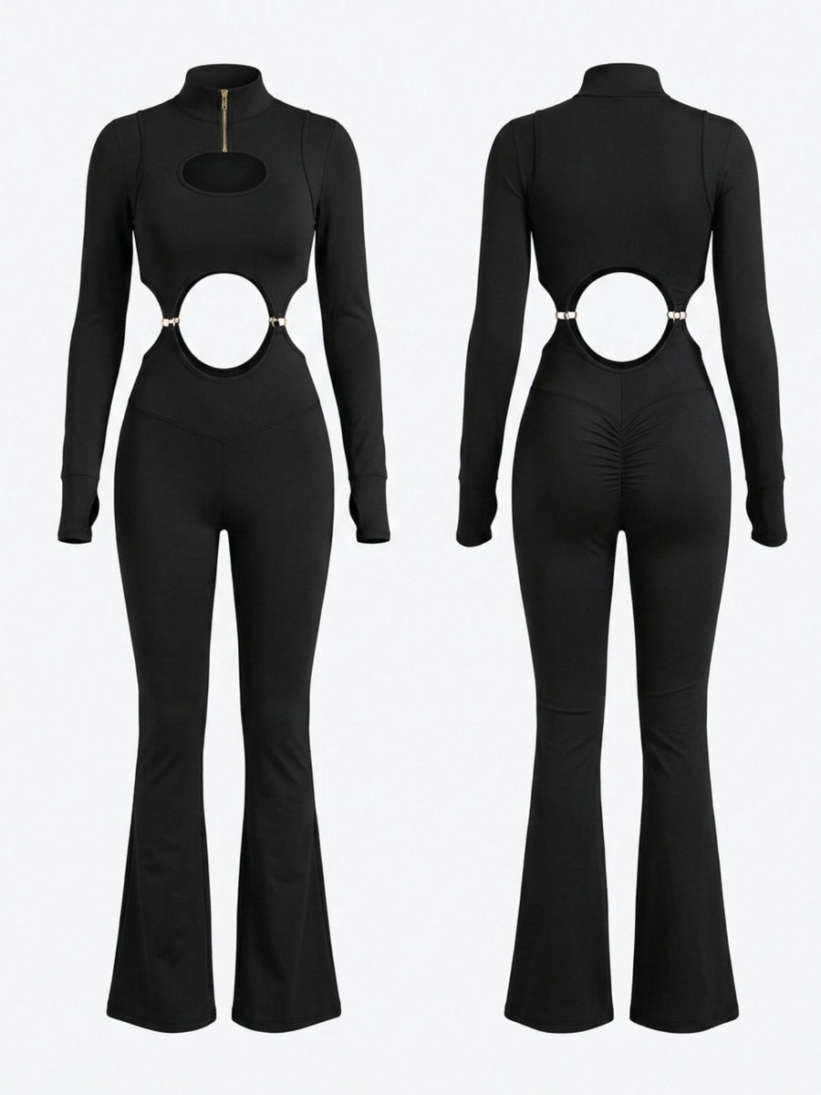 Half Zip Cutout Waist Long Sleeve Flared Jumpsuit