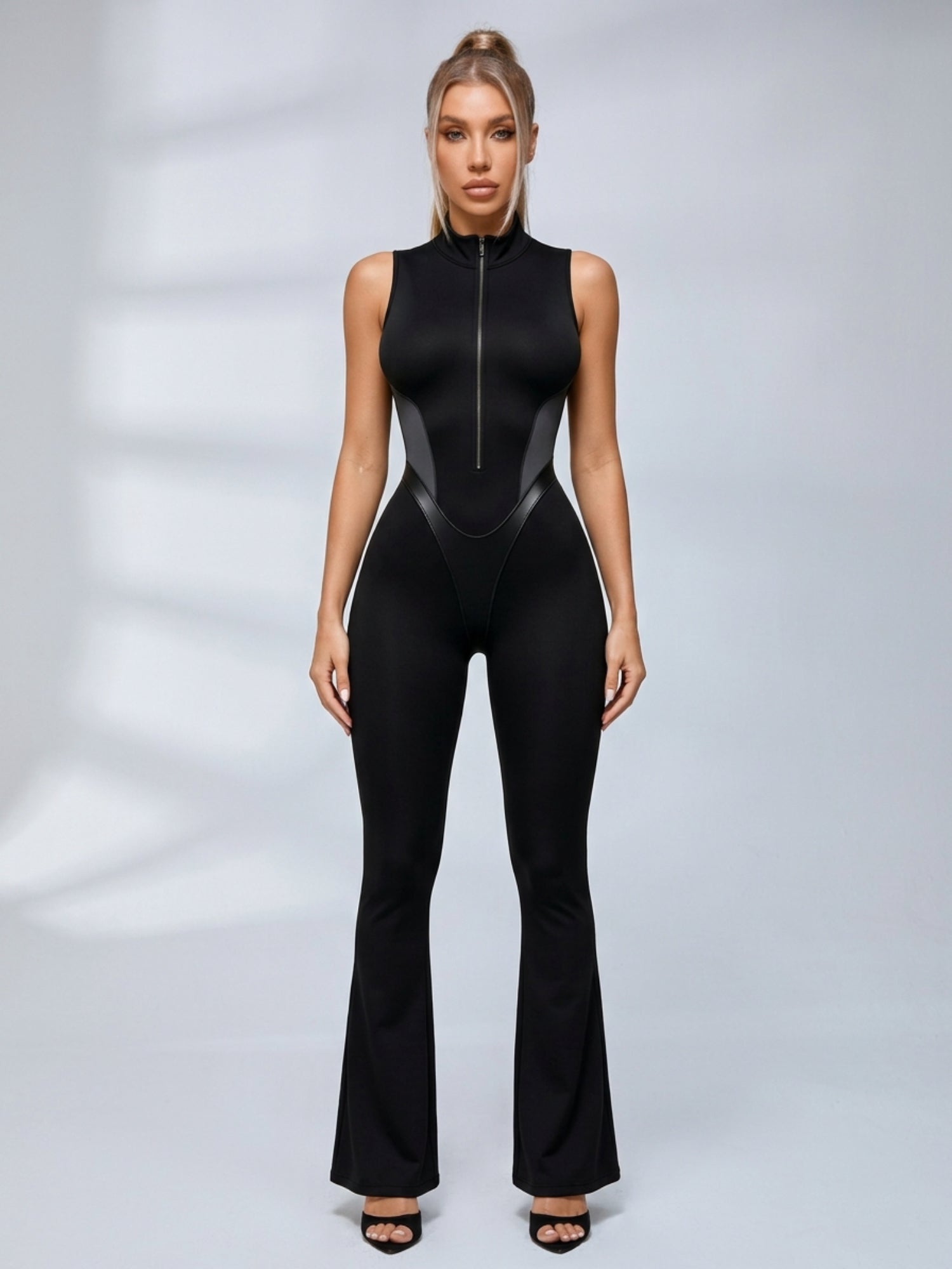 Sleeveless Half Zip Color Block Flared Jumpsuit