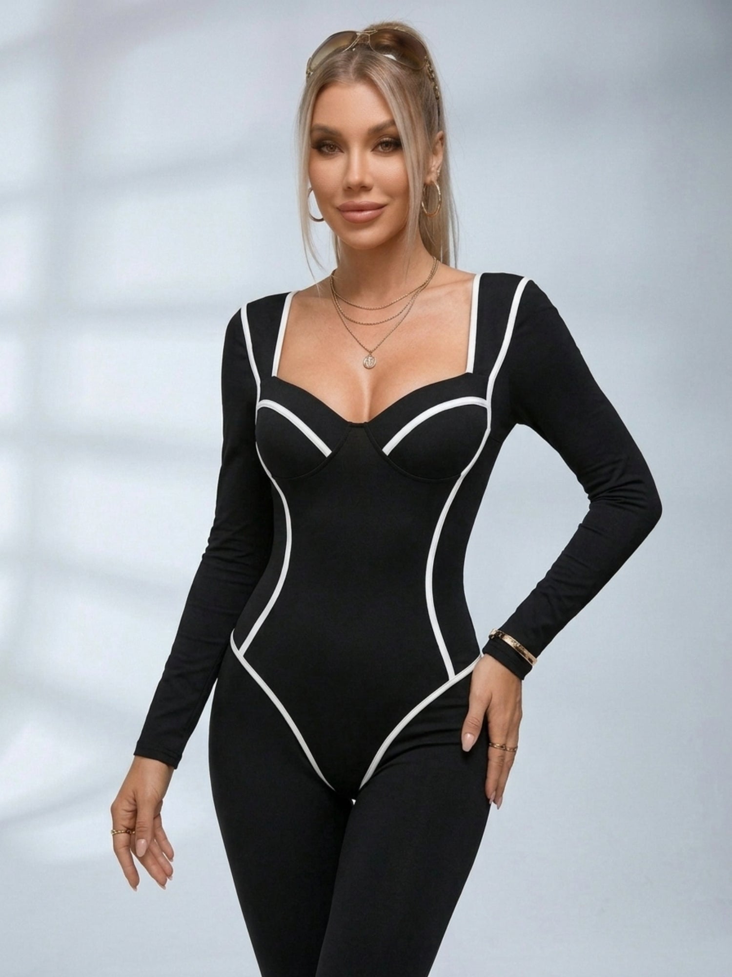Sweetheart Neckline Long Sleeve Yoga Jumpsuit
