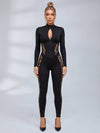 Lace Panel Zip‑Front Open Back Long Sleeve Jumpsuit