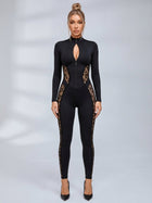 Lace Panel Zip‑Front Open Back Long Sleeve Jumpsuit