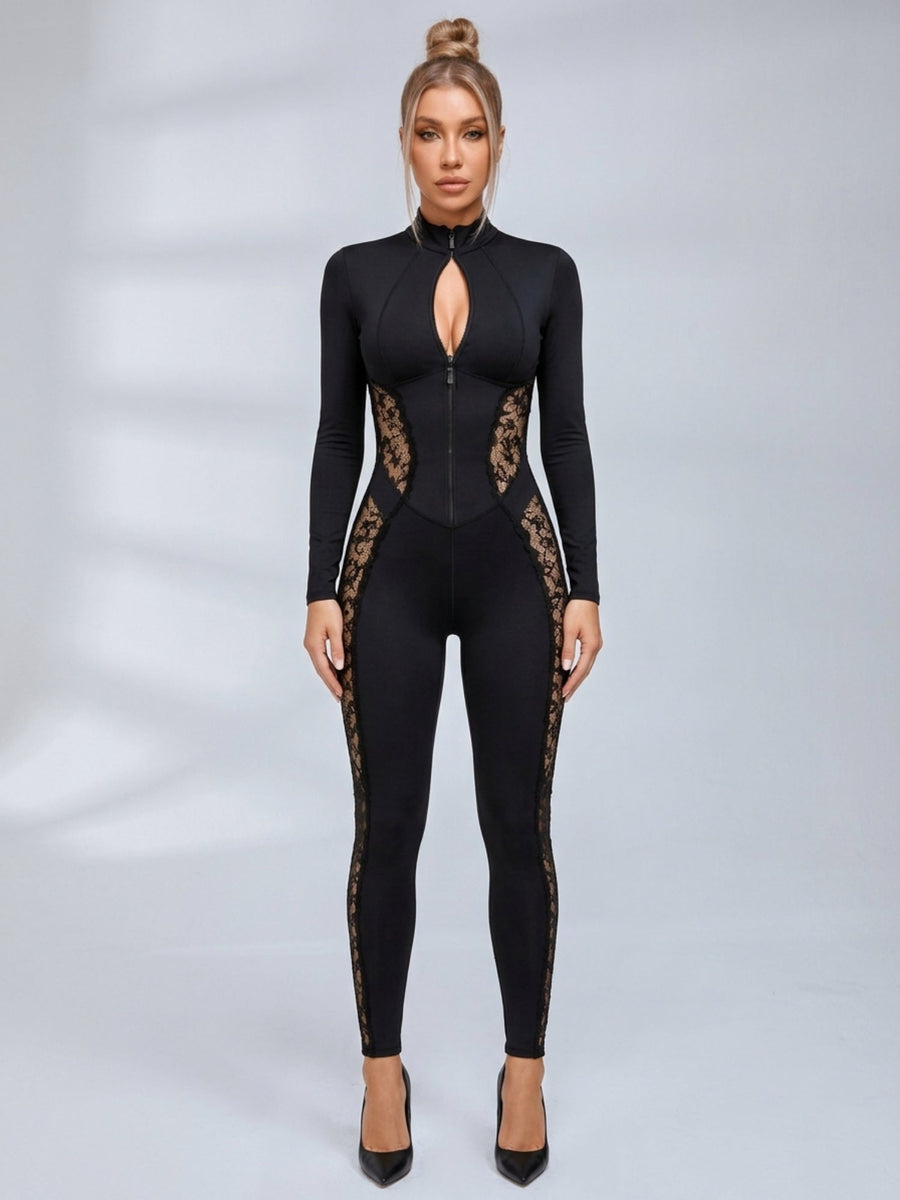 Lace Panel Zip‑Front Open Back Long Sleeve Jumpsuit