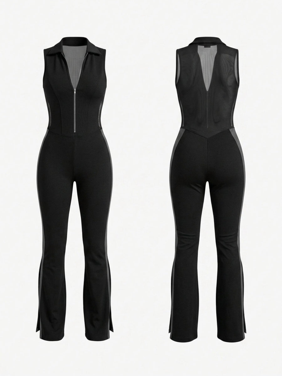 High Stretch See‑Through Back Flare Jumpsuit