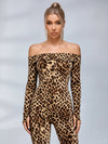Leopard Print Off‑Shoulder Long Sleeve Bodycon Jumpsuit