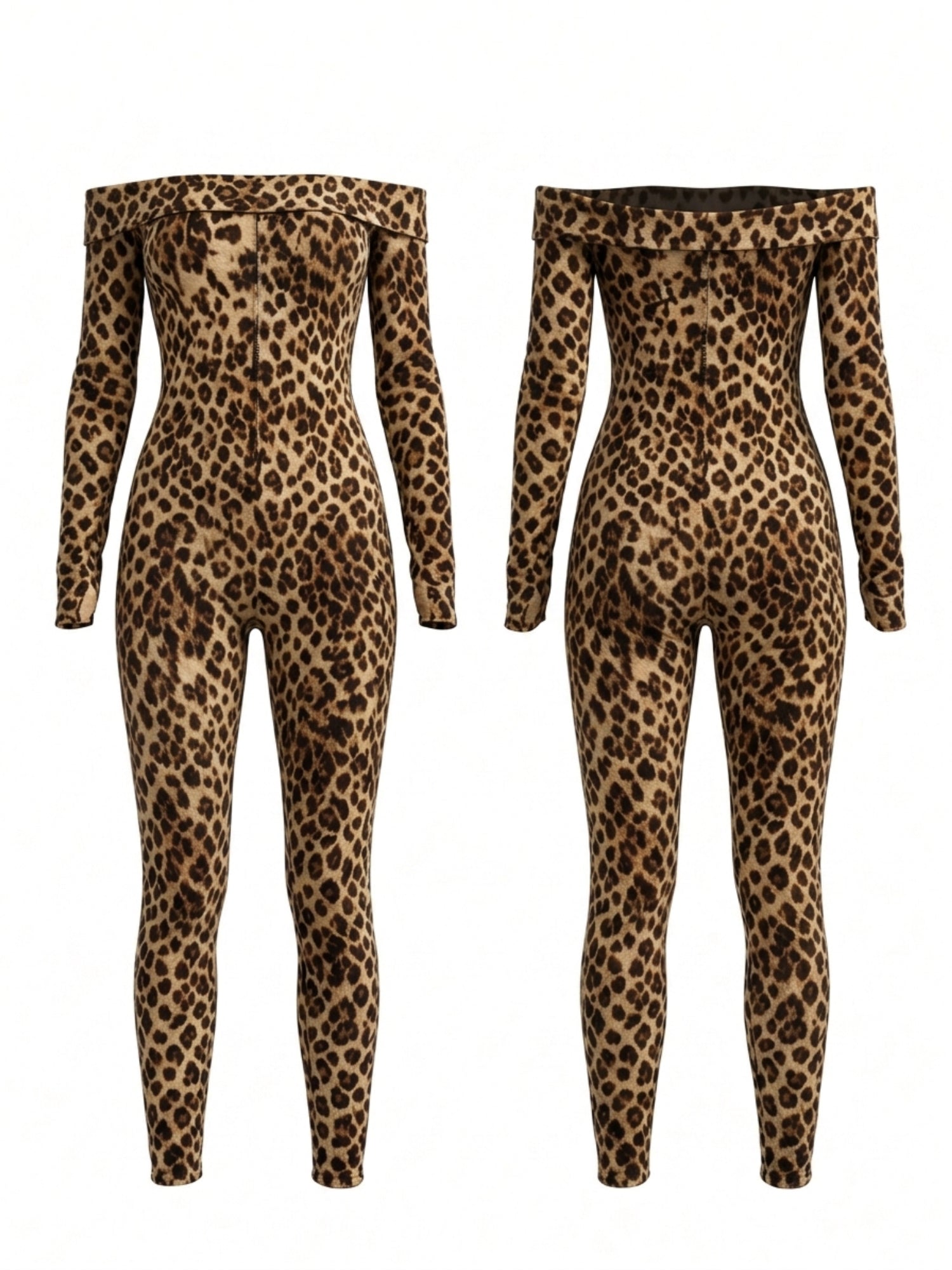 Leopard Print Off‑Shoulder Long Sleeve Bodycon Jumpsuit