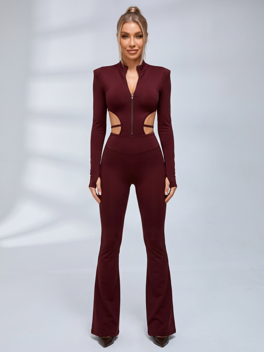 Zip Front Cutout Long Sleeve Flare Leg Jumpsuit