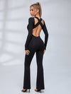 Cross Cutout Open Back Long Sleeve Flare Jumpsuit