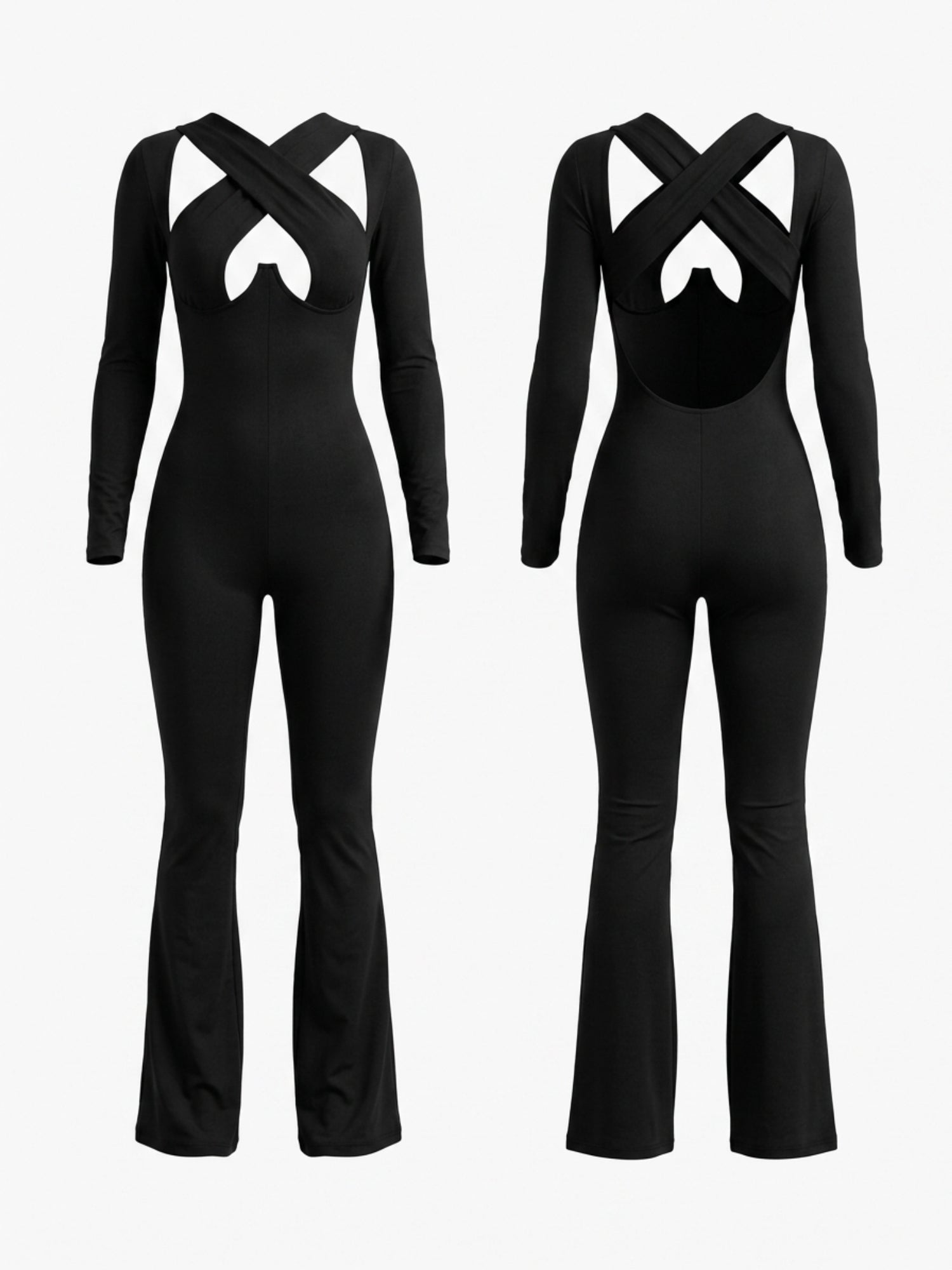 Cross Cutout Open Back Long Sleeve Flare Jumpsuit