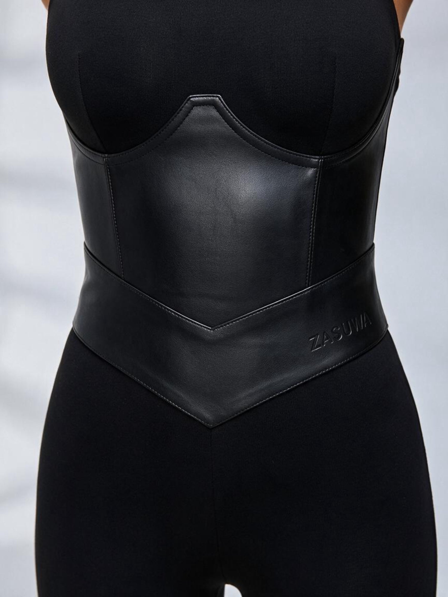 Sleeveless Mock Neck Faux Leather Corset Flare Jumpsuit