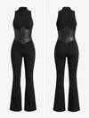 Sleeveless Mock Neck Faux Leather Corset Flare Jumpsuit