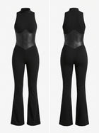 Sleeveless Mock Neck Faux Leather Corset Flare Jumpsuit