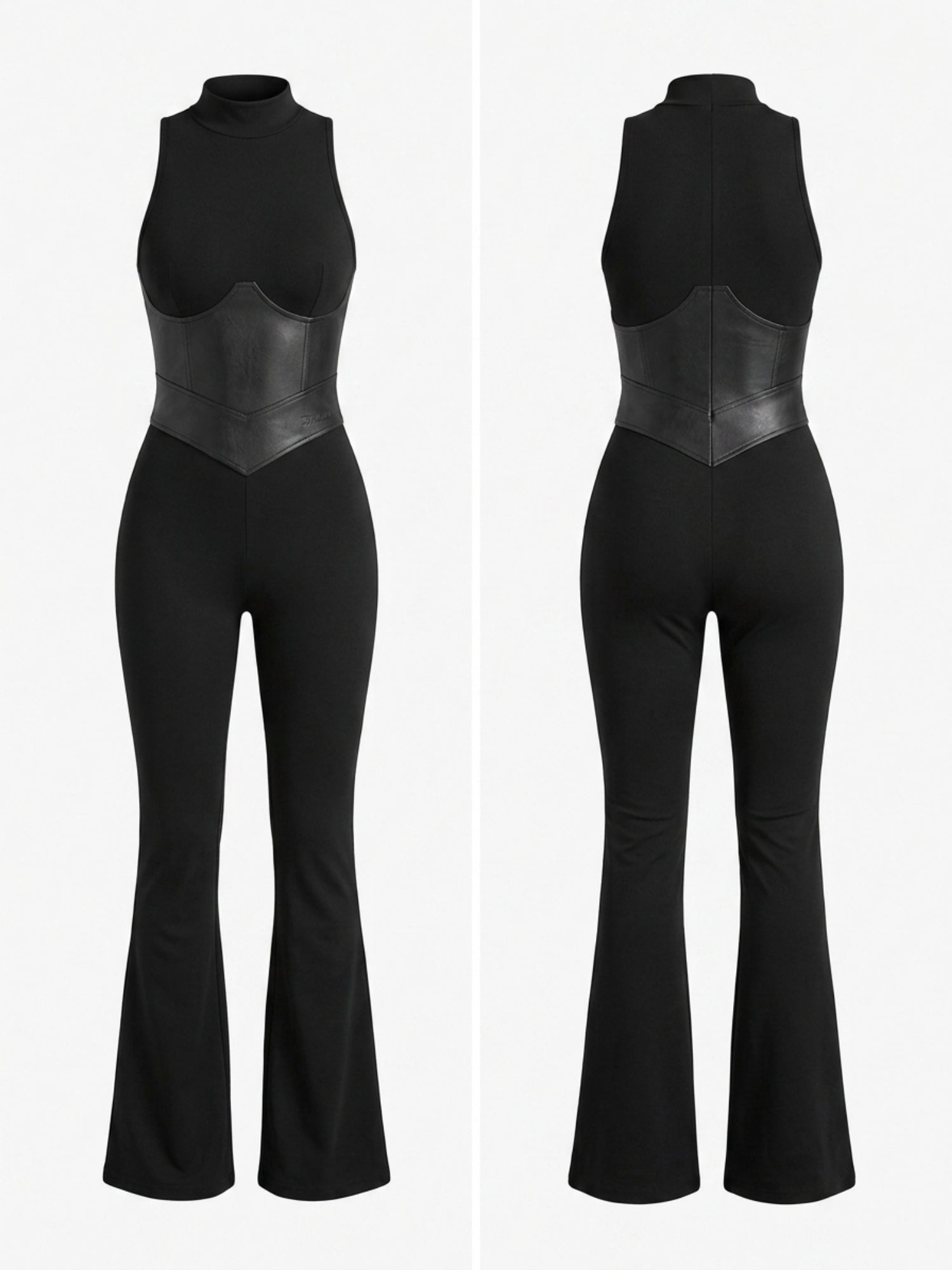 Sleeveless Mock Neck Faux Leather Corset Flare Jumpsuit