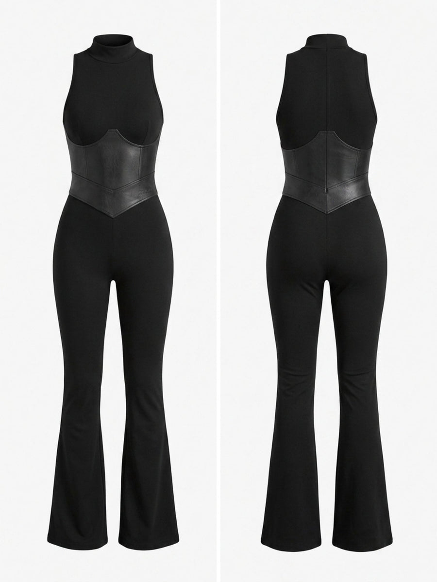 Sleeveless Mock Neck Faux Leather Corset Flare Jumpsuit