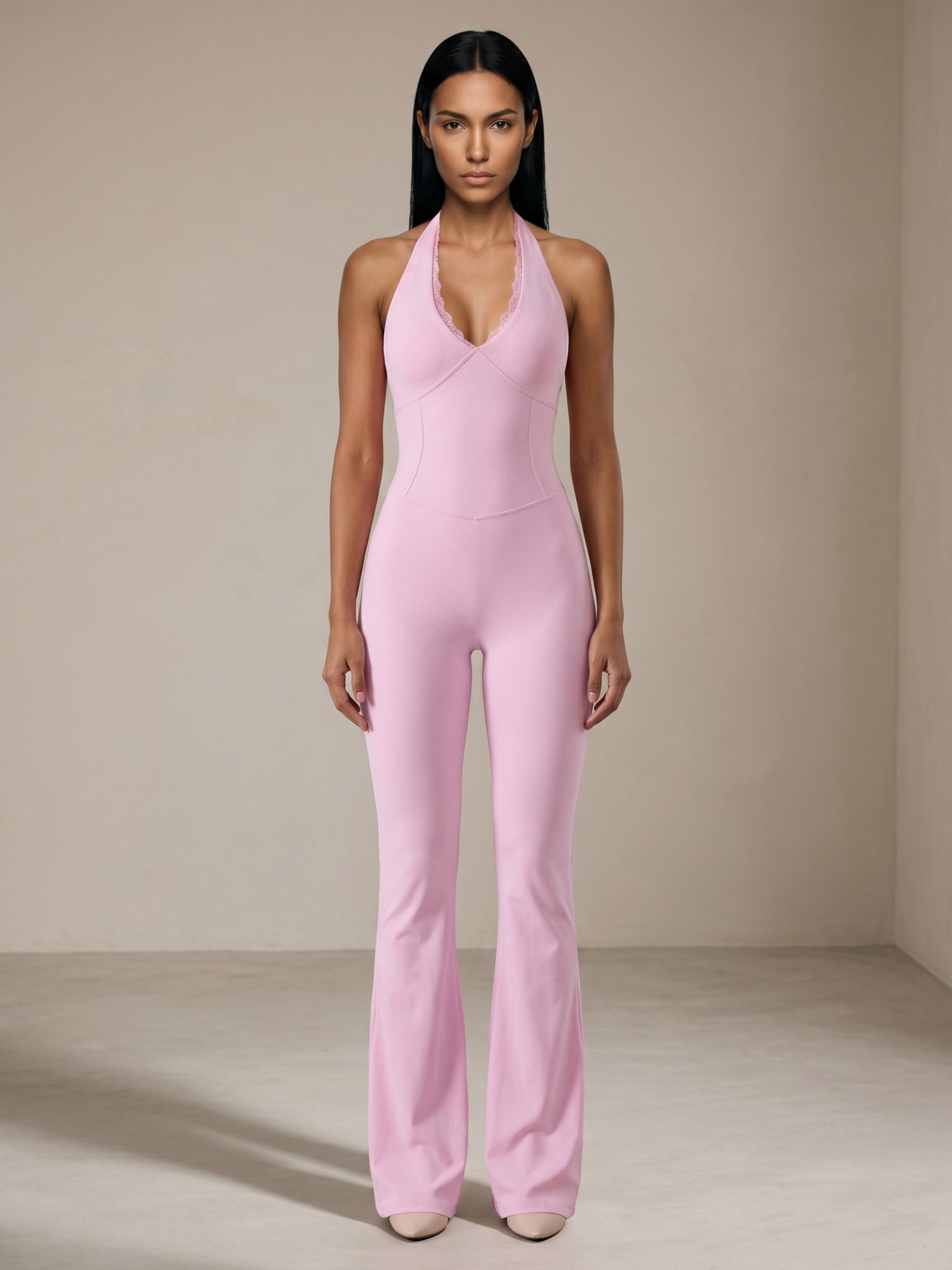 Halter Lace Trim Flare Jumpsuit