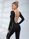 Lace Up Back Long Sleeve Flared Jumpsuit