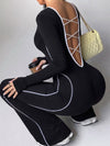 Lace Up Back Long Sleeve Flared Jumpsuit