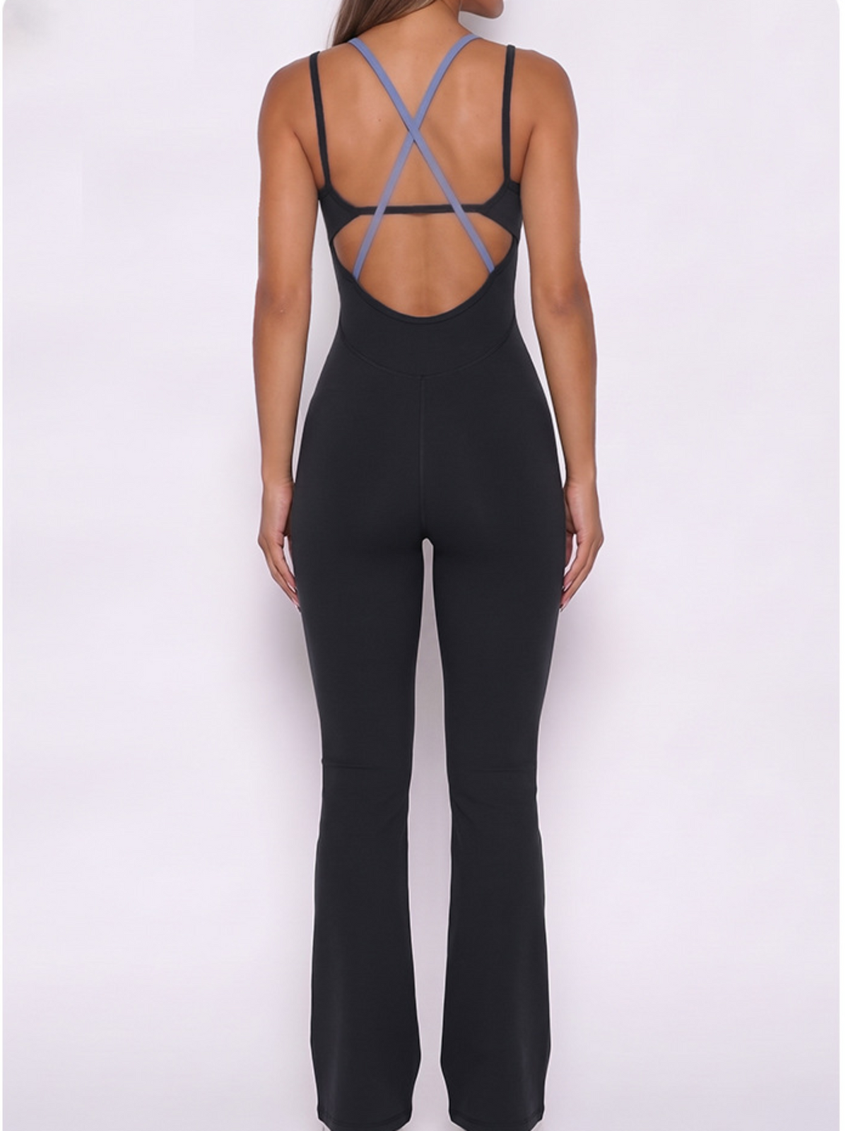 Color Block Double Strap Crisscross Back Flare Jumpsuit