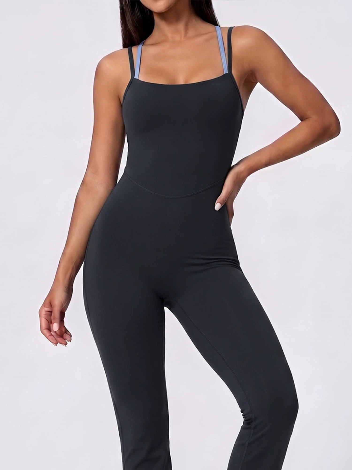 Color Block Double Strap Crisscross Back Flare Jumpsuit