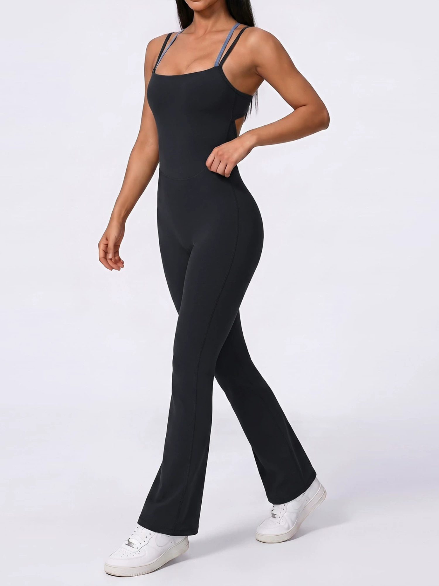 Color Block Double Strap Crisscross Back Flare Jumpsuit