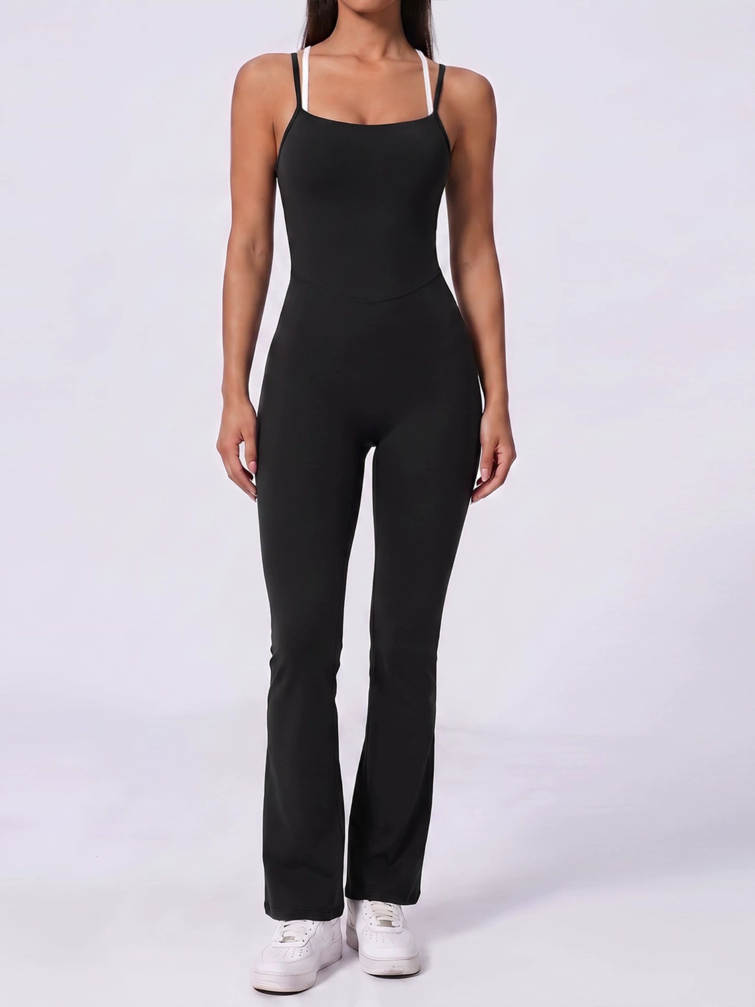 Color Block Double Strap Crisscross Back Flare Jumpsuit