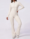 Half Zip High Neck Long Sleeve Shaping Flare Jumpsuit