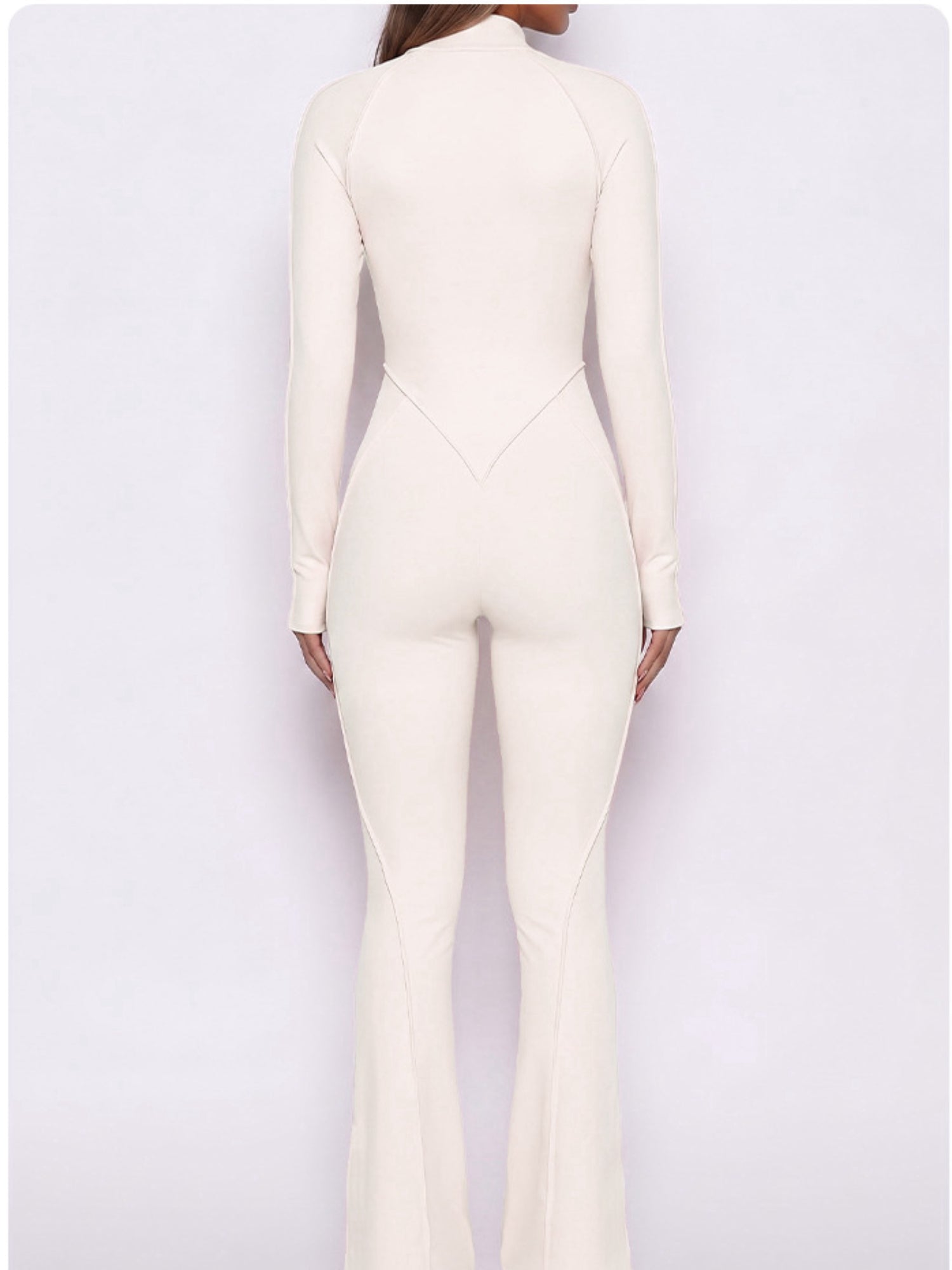 Half Zip High Neck Long Sleeve Shaping Flare Jumpsuit
