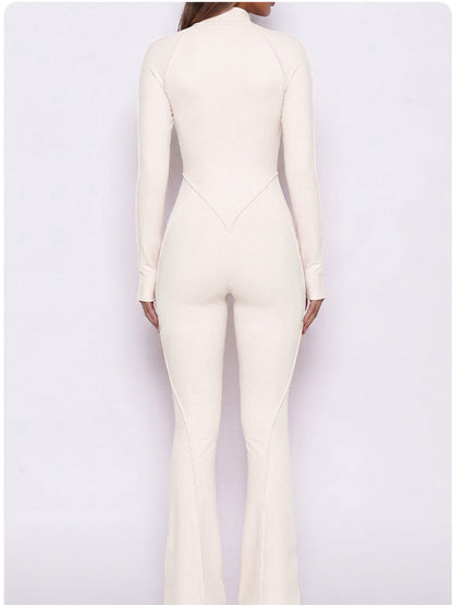 Half Zip High Neck Long Sleeve Shaping Flare Jumpsuit