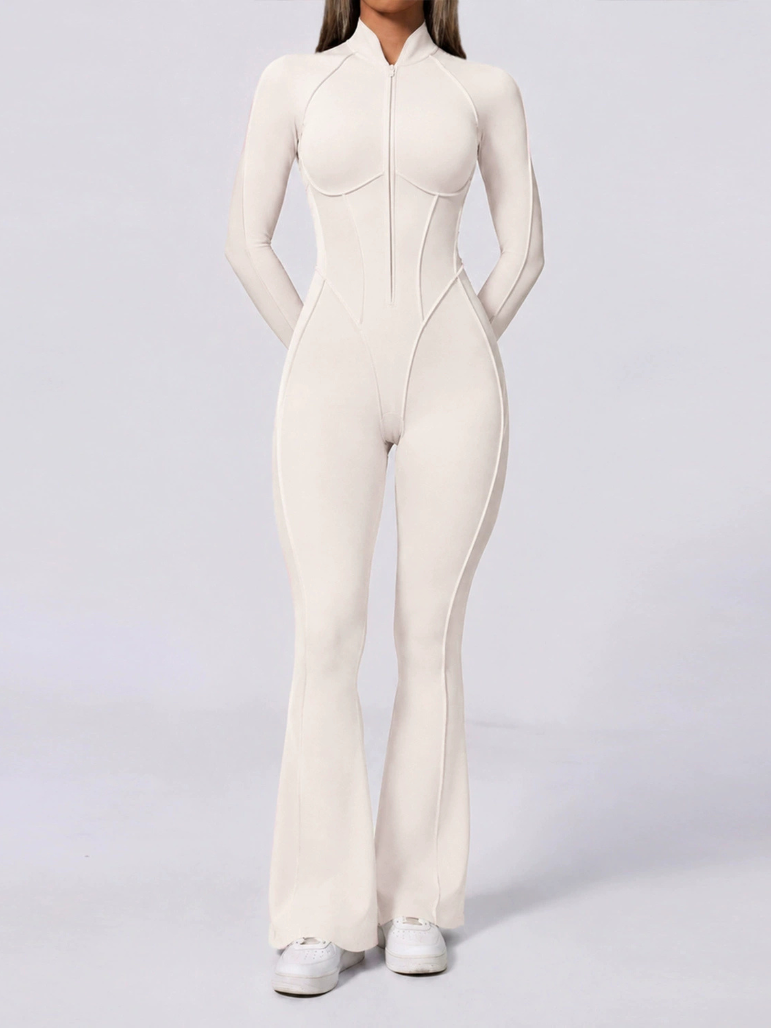 Half Zip High Neck Long Sleeve Shaping Flare Jumpsuit