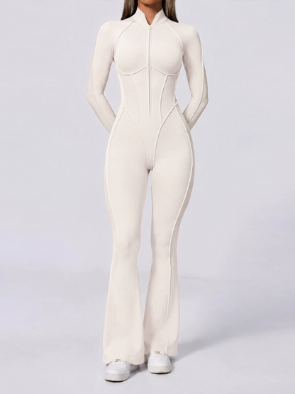 Half Zip High Neck Long Sleeve Shaping Flare Jumpsuit
