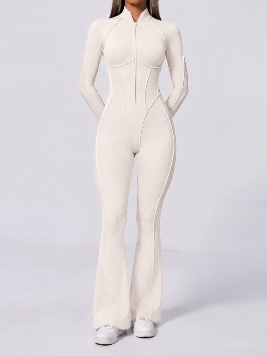 Half Zip High Neck Long Sleeve Shaping Flare Jumpsuit
