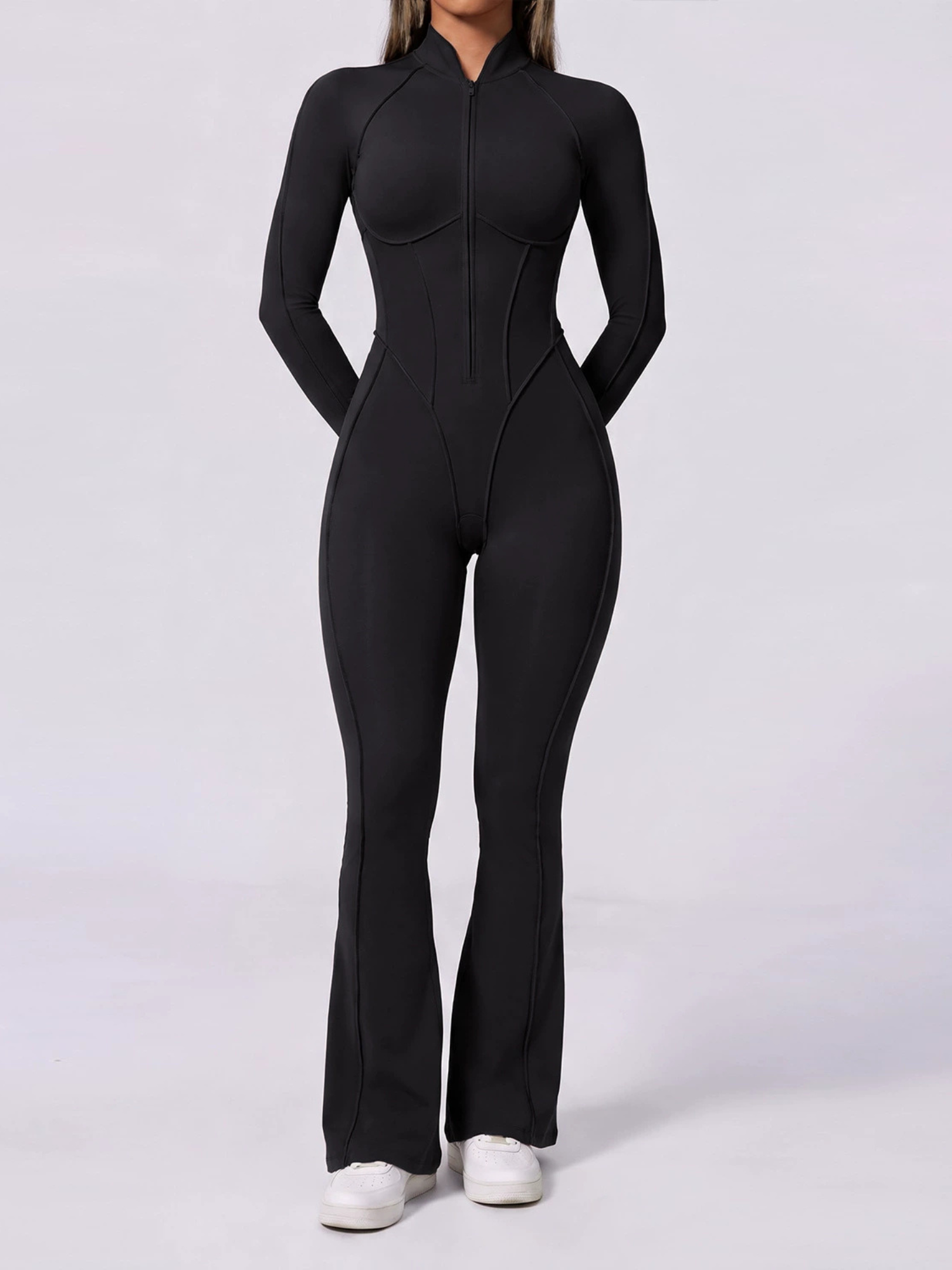 Half Zip High Neck Long Sleeve Shaping Flare Jumpsuit