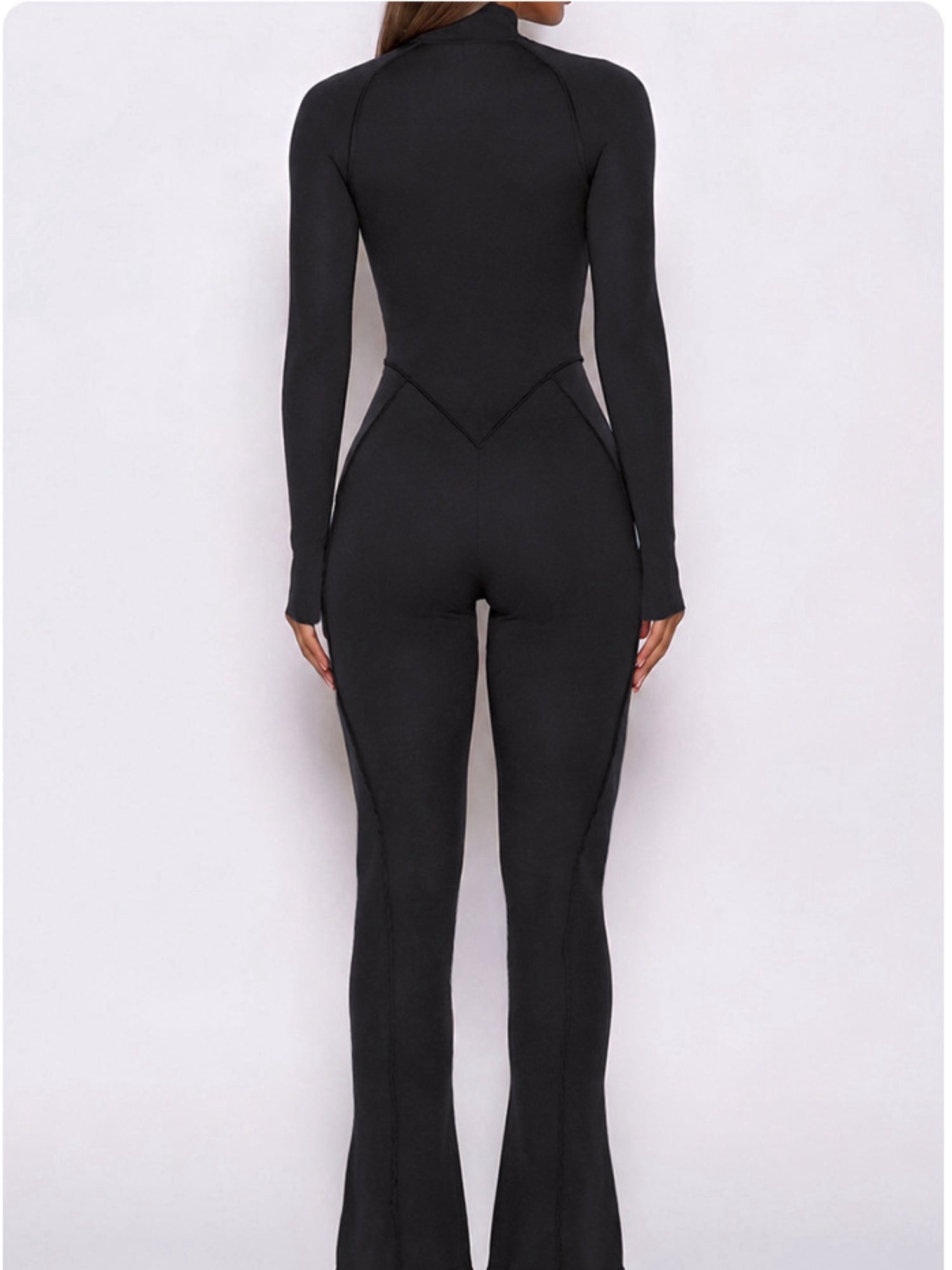 Half Zip High Neck Long Sleeve Shaping Flare Jumpsuit