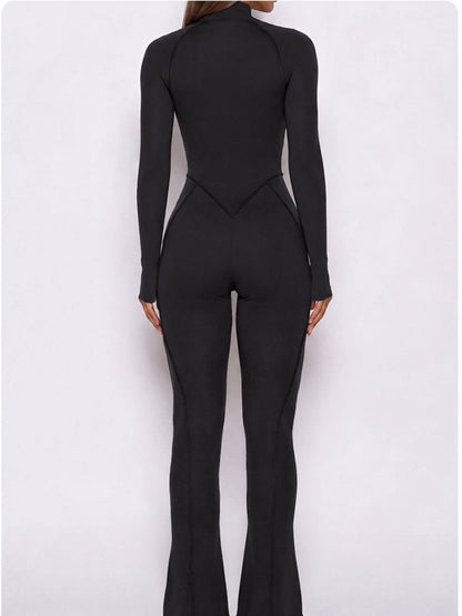 Half Zip High Neck Long Sleeve Shaping Flare Jumpsuit