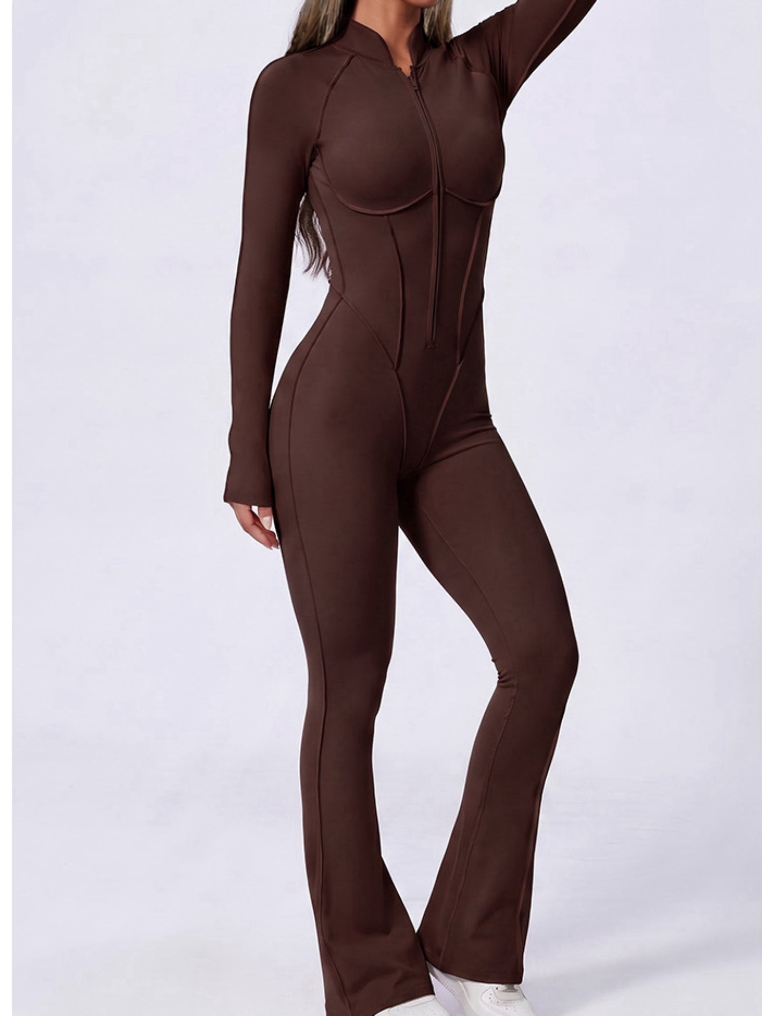 Half Zip High Neck Long Sleeve Shaping Flare Jumpsuit