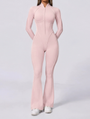 Half Zip High Neck Long Sleeve Shaping Flare Jumpsuit