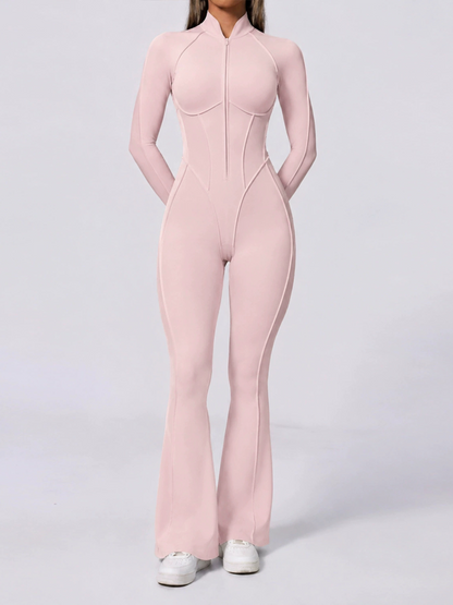 Half Zip High Neck Long Sleeve Shaping Flare Jumpsuit