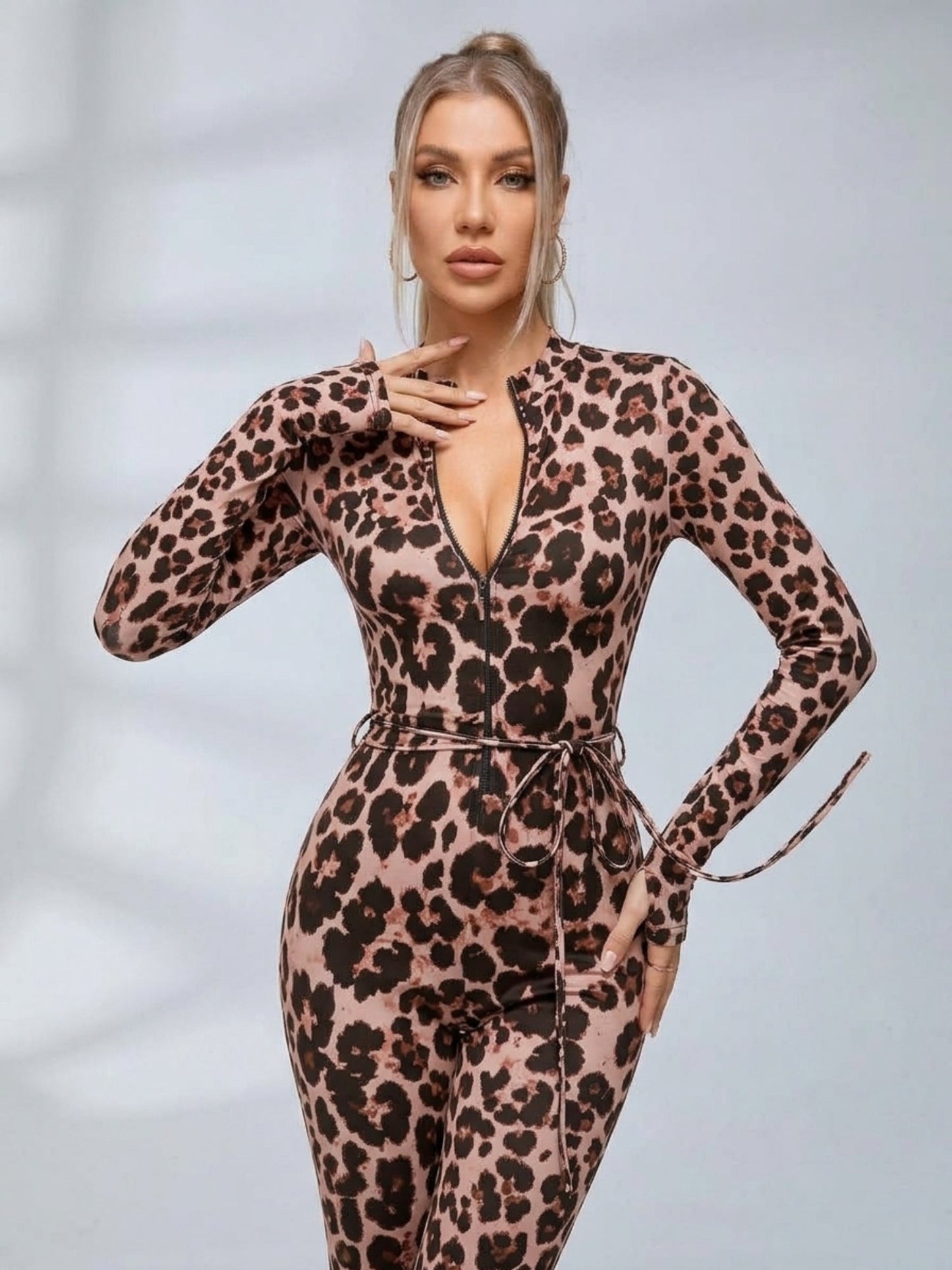 Leopard Print Zipper Cutout Tie Waist Flare Jumpsuit