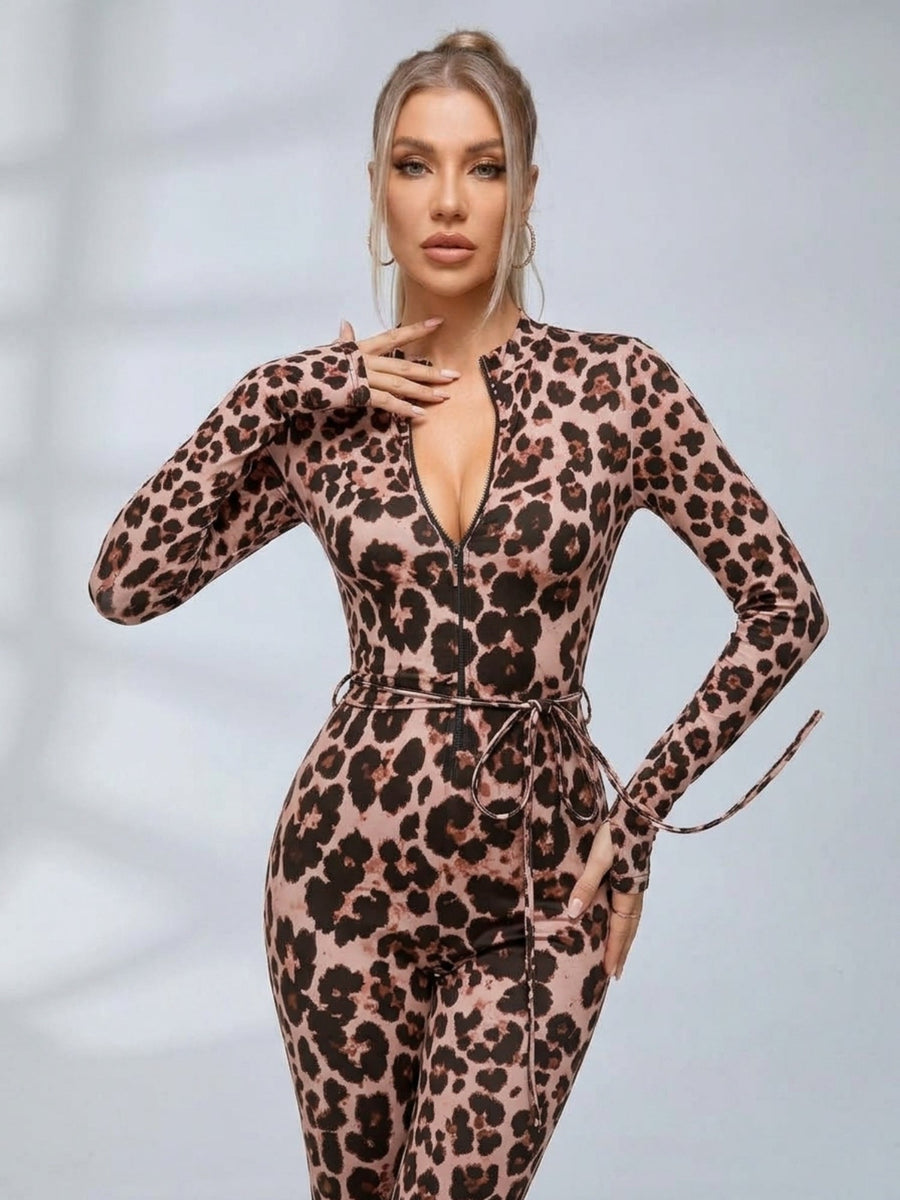 Leopard Print Zipper Cutout Tie Waist Flare Jumpsuit