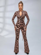 Leopard Print Zipper Cutout Tie Waist Flare Jumpsuit